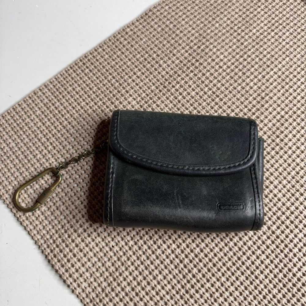 Vintage Coach Black Leather Coin Purse Keychain Wallet Brass Carabiner 7210